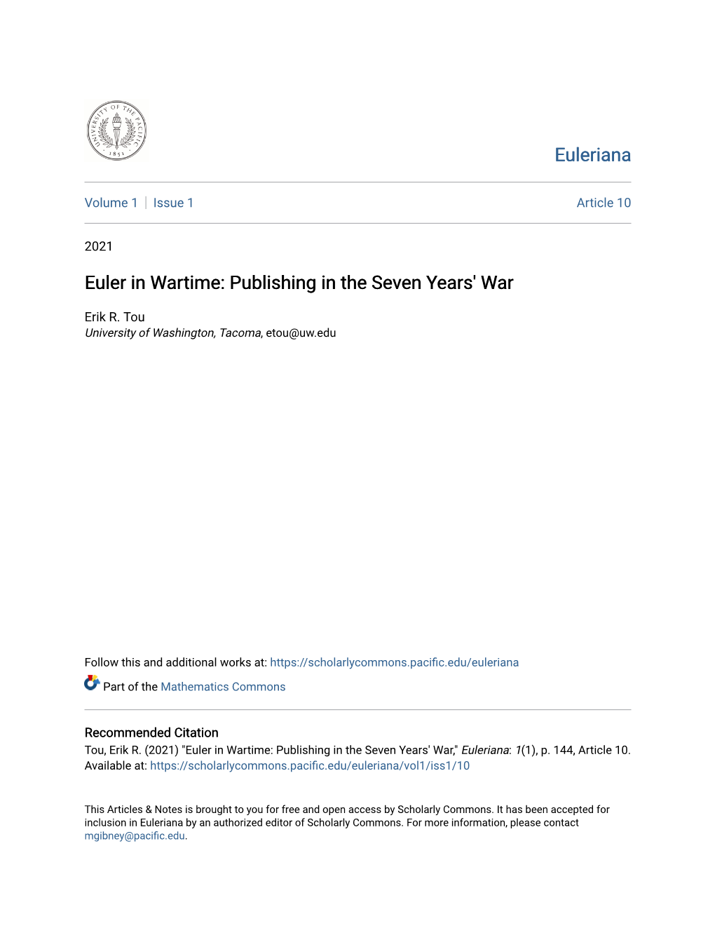 Euler in Wartime: Publishing in the Seven Years' War