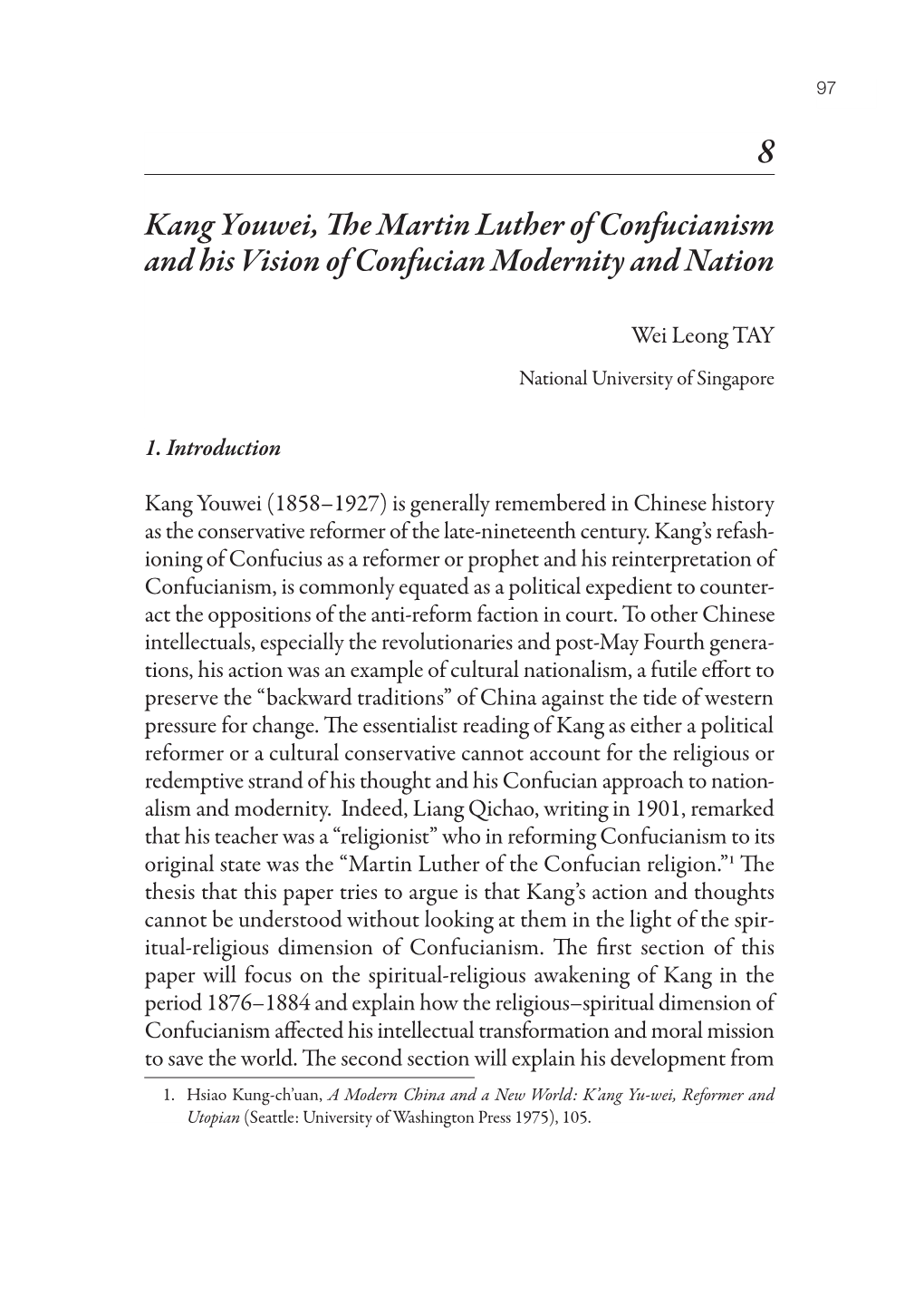 Kang Youwei, the Martin Luther of Confucianism and His Vision of Confucian Modernity and Nation