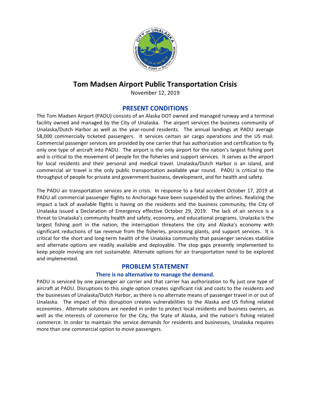 Tom Madsen Airport Public Transportation Crisis November 12, 2019