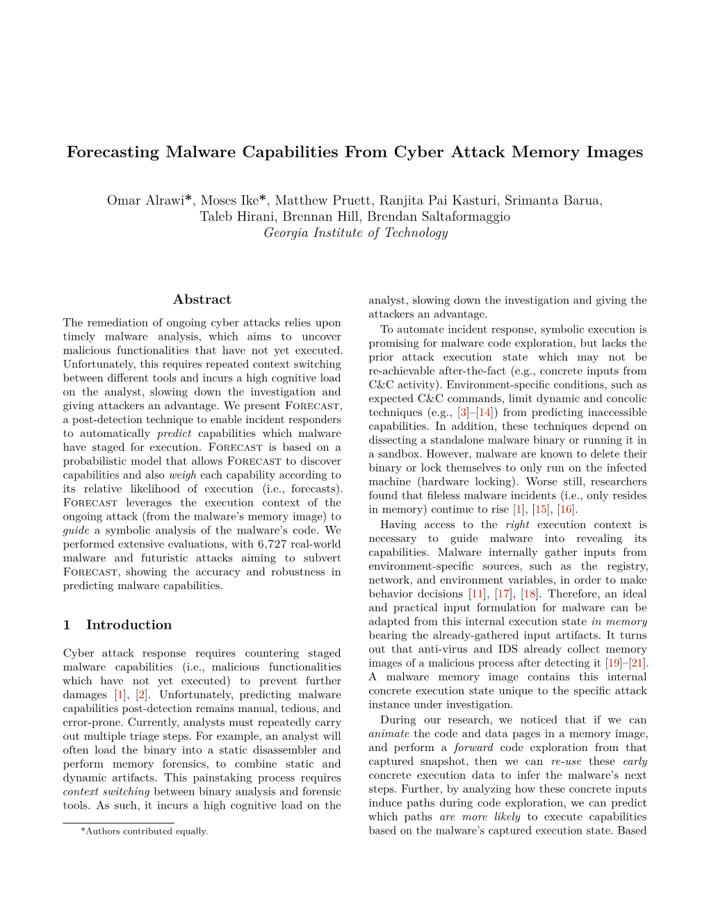 Forecasting Malware Capabilities from Cyber Attack Memory Images