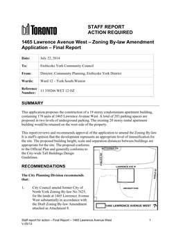 STAFF REPORT ACTION REQUIRED 1465 Lawrence Avenue West – Zoning By-Law Amendment Application – Final Report