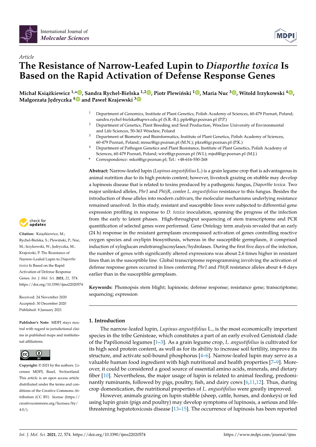 The Resistance of Narrow-Leafed Lupin to Diaporthe Toxica Is Based on the Rapid Activation of Defense Response Genes