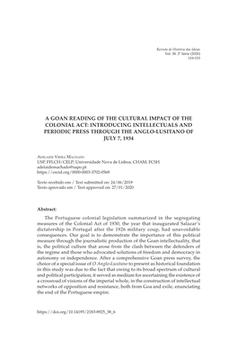 A Goan Reading of the Cultural Impact of the Colonial Act: Introducing Intellectuals and Periodic Press Through the Anglo-Lusitano of July 7, 1934