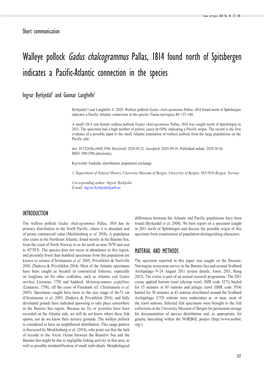 Walleye Pollock Gadus Chalcogrammus Pallas, 1814 Found North of Spitsbergen Indicates a Pacific-Atlantic Connection in the Species