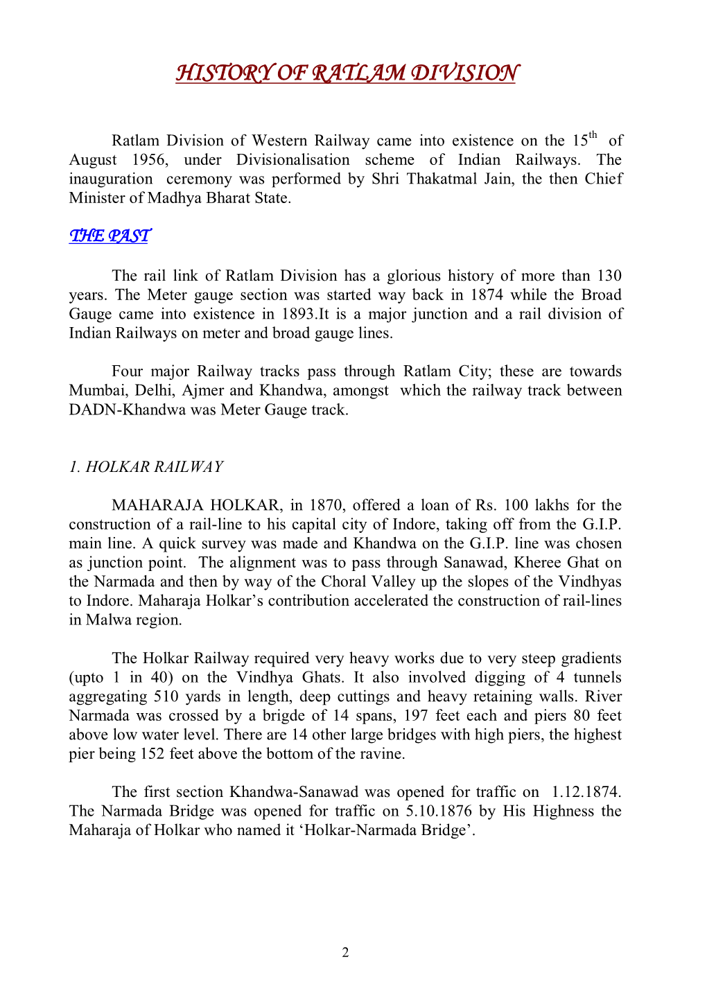 History of Ratlam Division