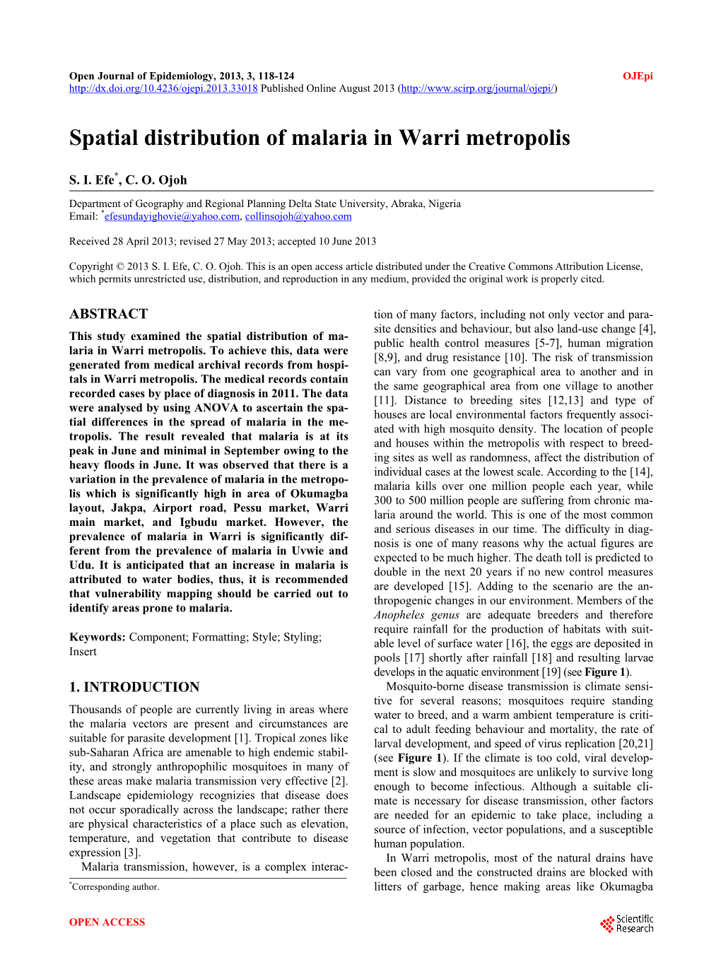 Spatial Distribution of Malaria in Warri Metropolis