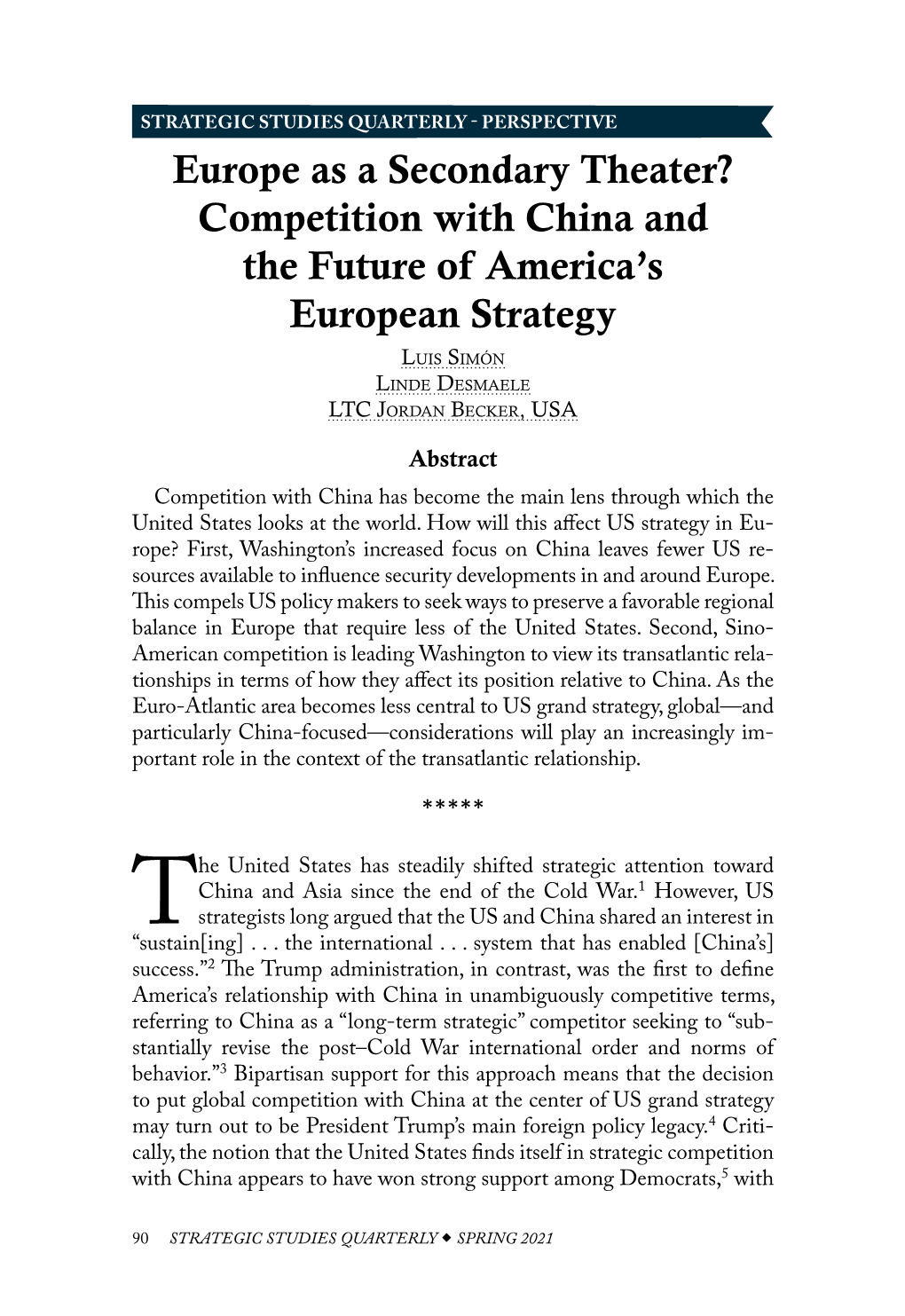 Competition with China and the Future of America's European Strateg