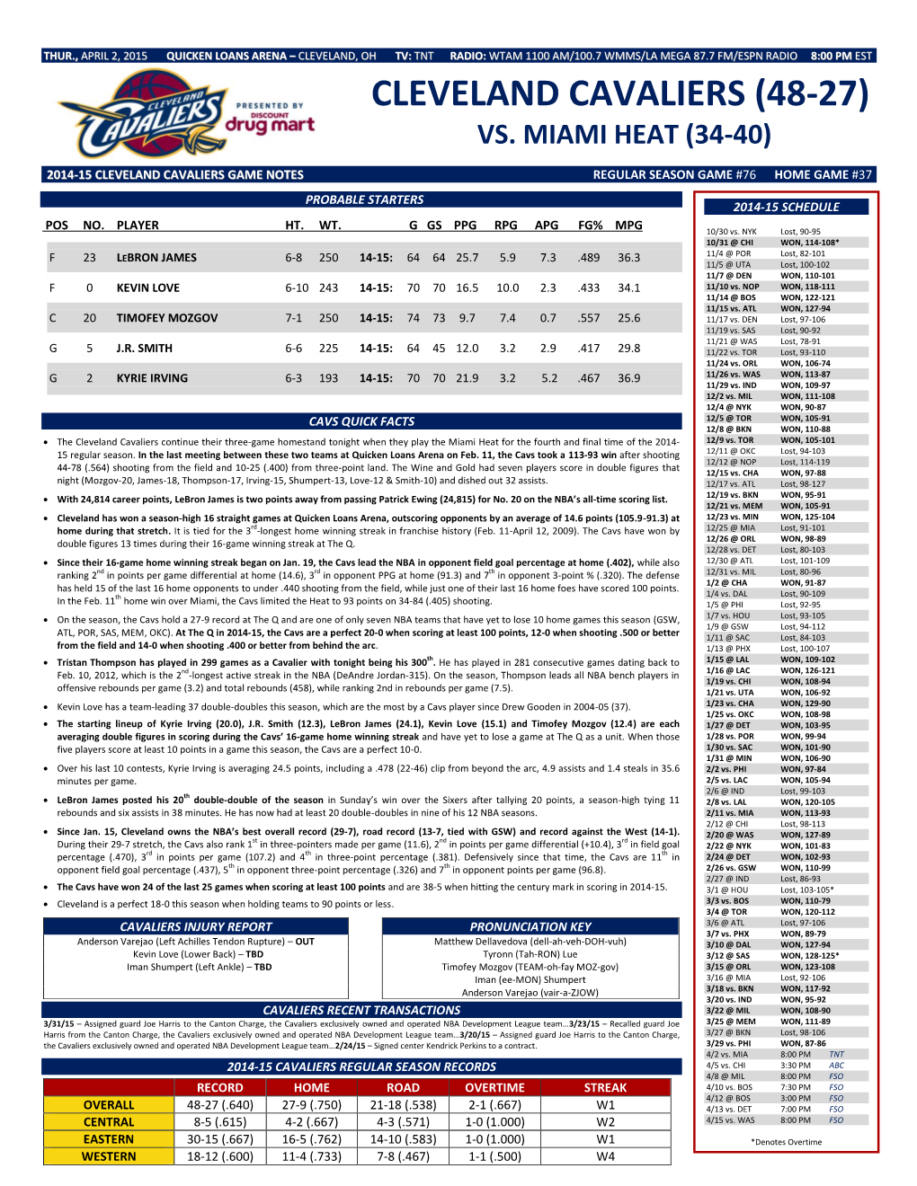 Cleveland Cavaliers (48-27) Vs