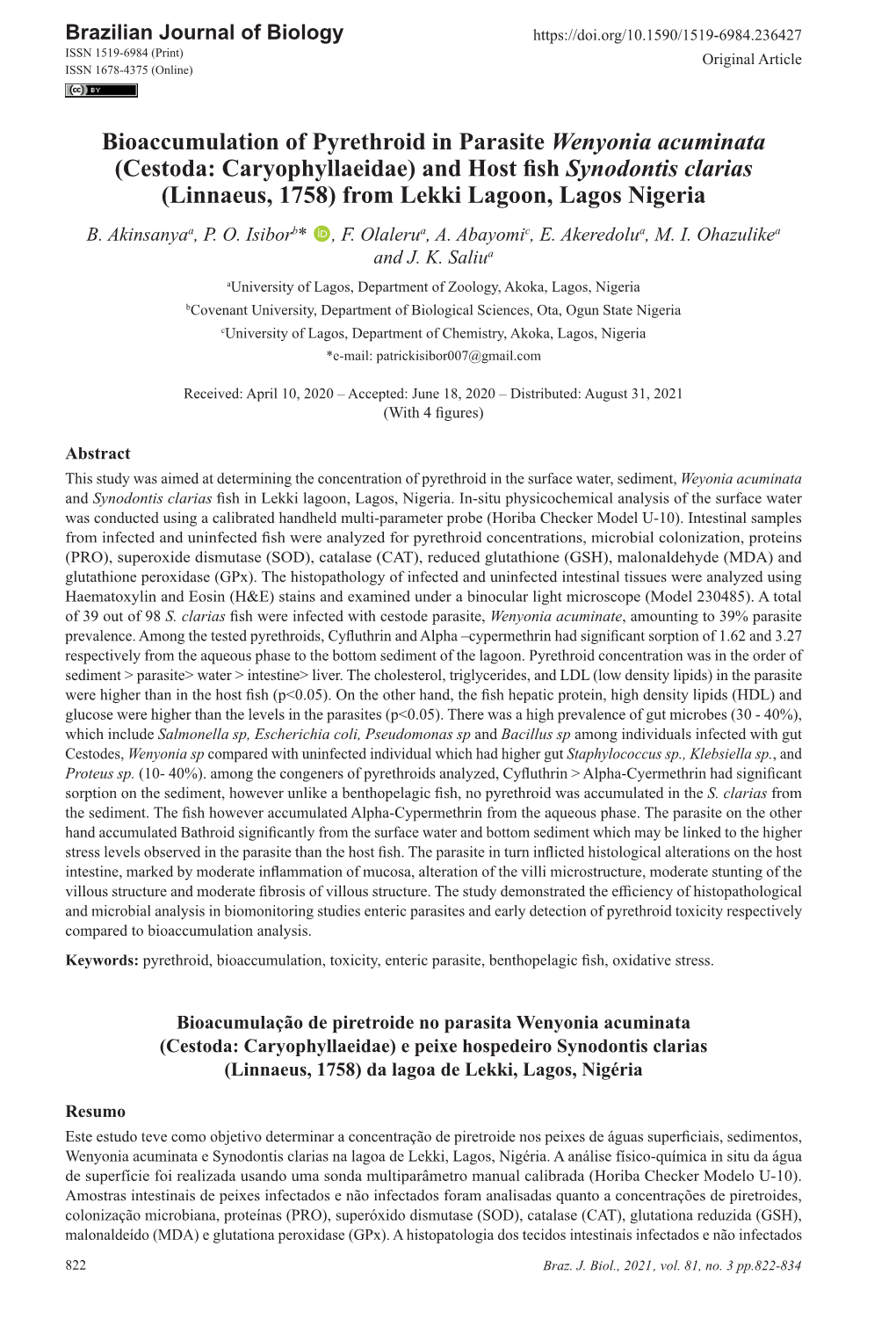 Bioaccumulation of Pyrethroid in Parasite Wenyonia