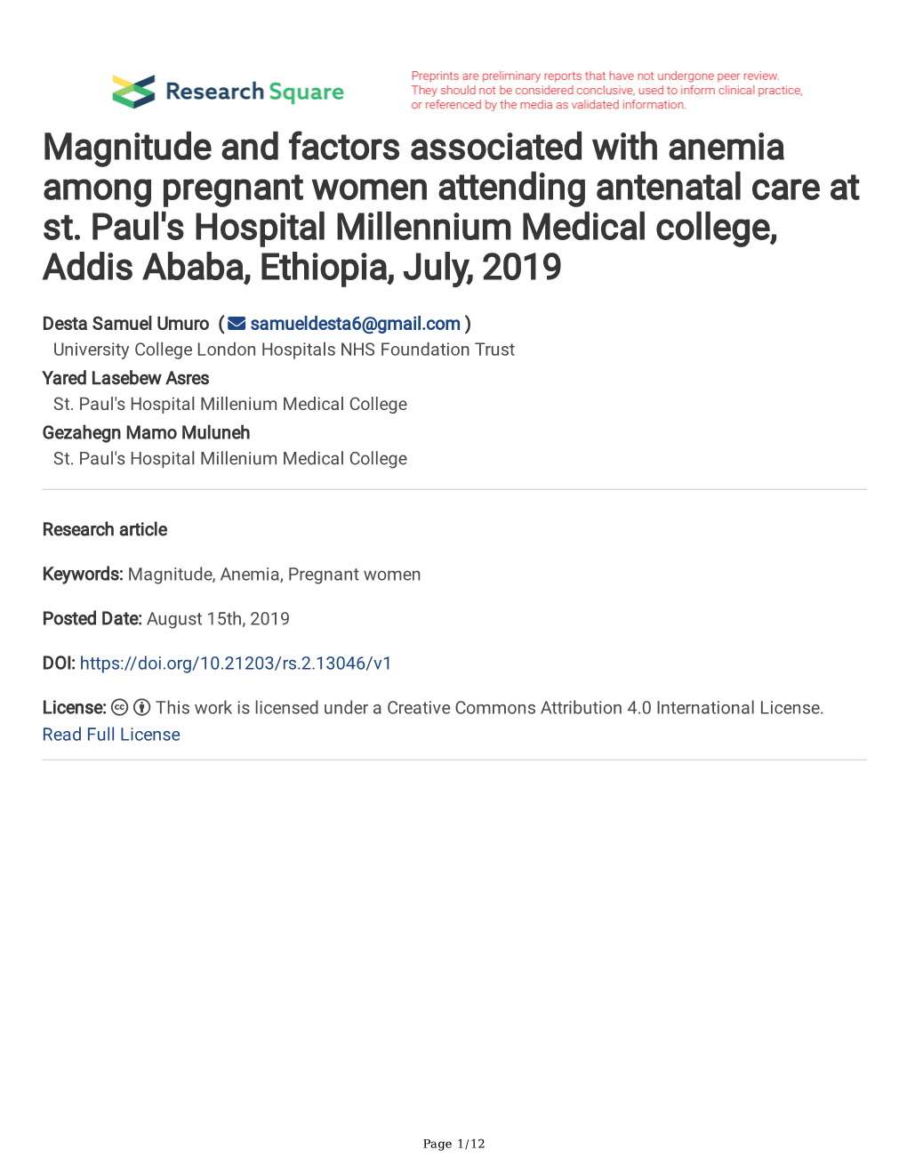 Magnitude and Factors Associated with Anemia Among Pregnant Women Attending Antenatal Care at St. Paul's Hospital Millennium