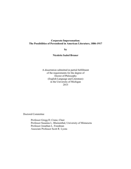 Corporate Impersonation: the Possibilities of Personhood in American Literature, 1886-1917