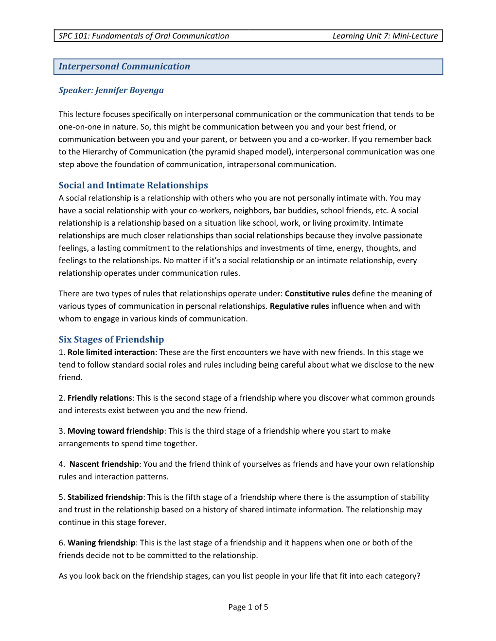 Interpersonal Communication Social and Intimate Relationships Six Stages of Friendship