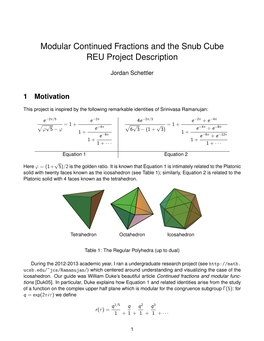 Modular Continued Fractions and the Snub Cube REU Project Description