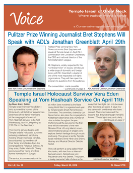 Pulitzer Prize Winning Journalist Bret Stephens Will Speak with ADL's