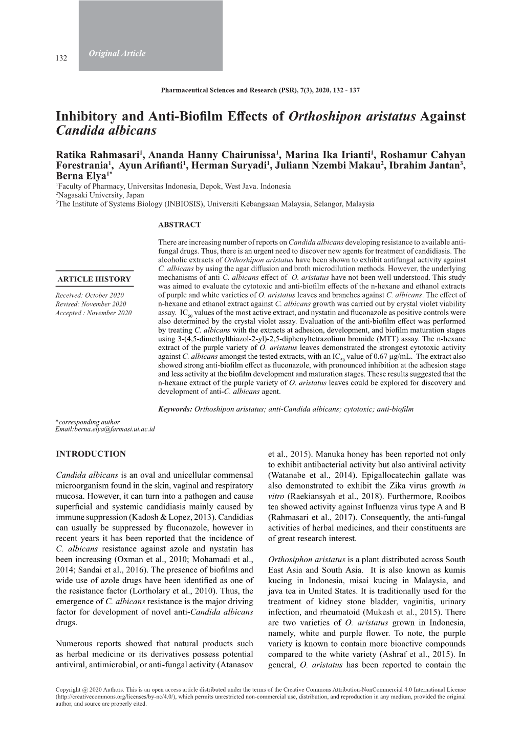 Inhibitory and Anti-Biofilm Effects of Orthoshipon Aristatus Against Candida Albicans