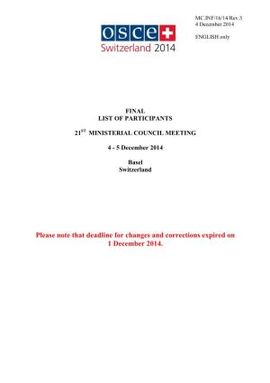 Please Note That Deadline for Changes and Corrections Expired on 1 December 2014