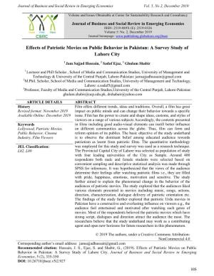 Effects of Patriotic Movies on Public Behavior in Pakistan: a Survey Study of Lahore City