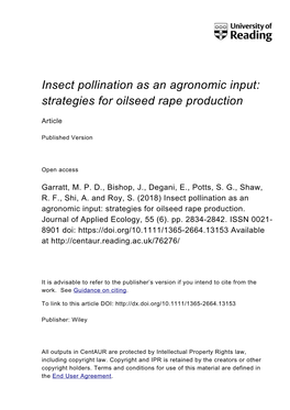Insect Pollination As an Agronomic Input: Strategies for Oilseed Rape Production