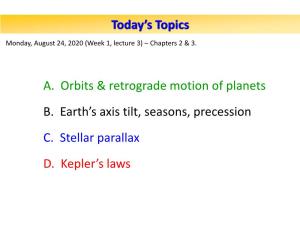 Today's Topics A. Orbits & Retrograde Motion of Planets B. Earth's Axis Tilt
