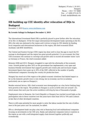 IIB Building up CEE Identity After Relocation of Hqs to Budapest December 5, 2019 Source