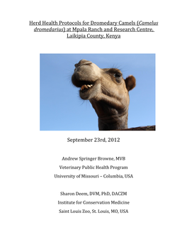Herd Health Protocols for Dromedary Camels (Camelus Dromedarius) at Mpala Ranch and Research Centre, Laikipia County, Kenya