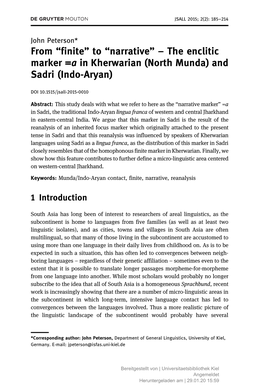 From “Finite” to “Narrative” – the Enclitic Marker =A in Kherwarian (North Munda) and Sadri (Indo-Aryan)