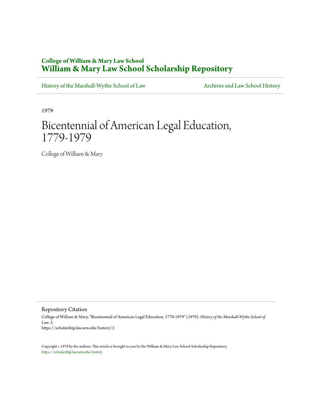 Bicentennial of American Legal Education, 1779-1979 College of William & Mary