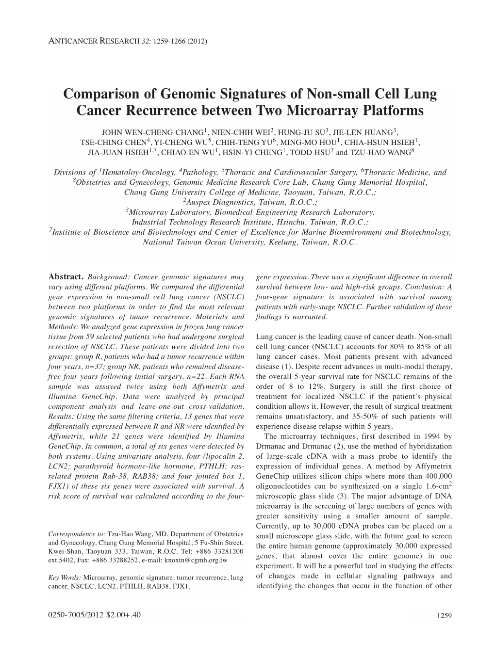 Comparison of Genomic Signatures of Non-Small Cell Lung Cancer Recurrence Between Two Microarray Platforms