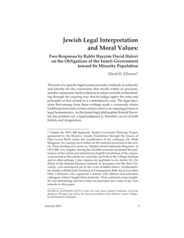 Jewish Legal Interpretation and Moral Values: Two Responsa by Rabbi Hayyim David Halevi on the Obligations of the Israeli Government Toward Its Minority Population