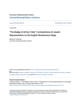 The Badge of All Our Tribe”: Contradictions of Jewish Representation on the English Renaissance Stage