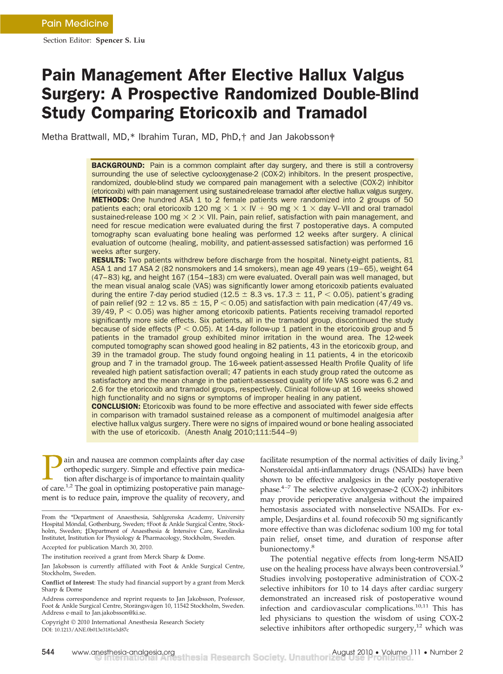 Pain Management After Elective Hallux Valgus Surgery: a Prospective Randomized Double-Blind Study Comparing Etoricoxib and Tramadol