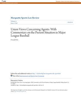 Union Views Concerning Agents: with Commentary on the Present Situation in Major League Baseball Donald Fehr