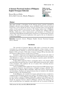A Systemic Functional Analysis of Philippine English Newspaper