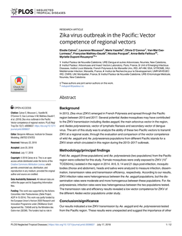 Zika Virus Outbreak in the Pacific : Vector Competence of Regional Vectors