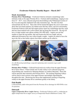 Freshwater Fisheries Monthly Report – March 2017 Stock Assessment Fish Health Outreach