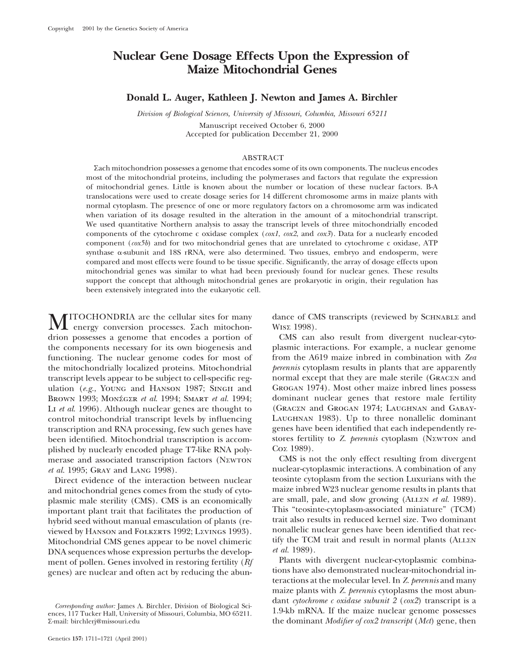 Nuclear Gene Dosage Effects Upon the Expression of Maize Mitochondrial Genes