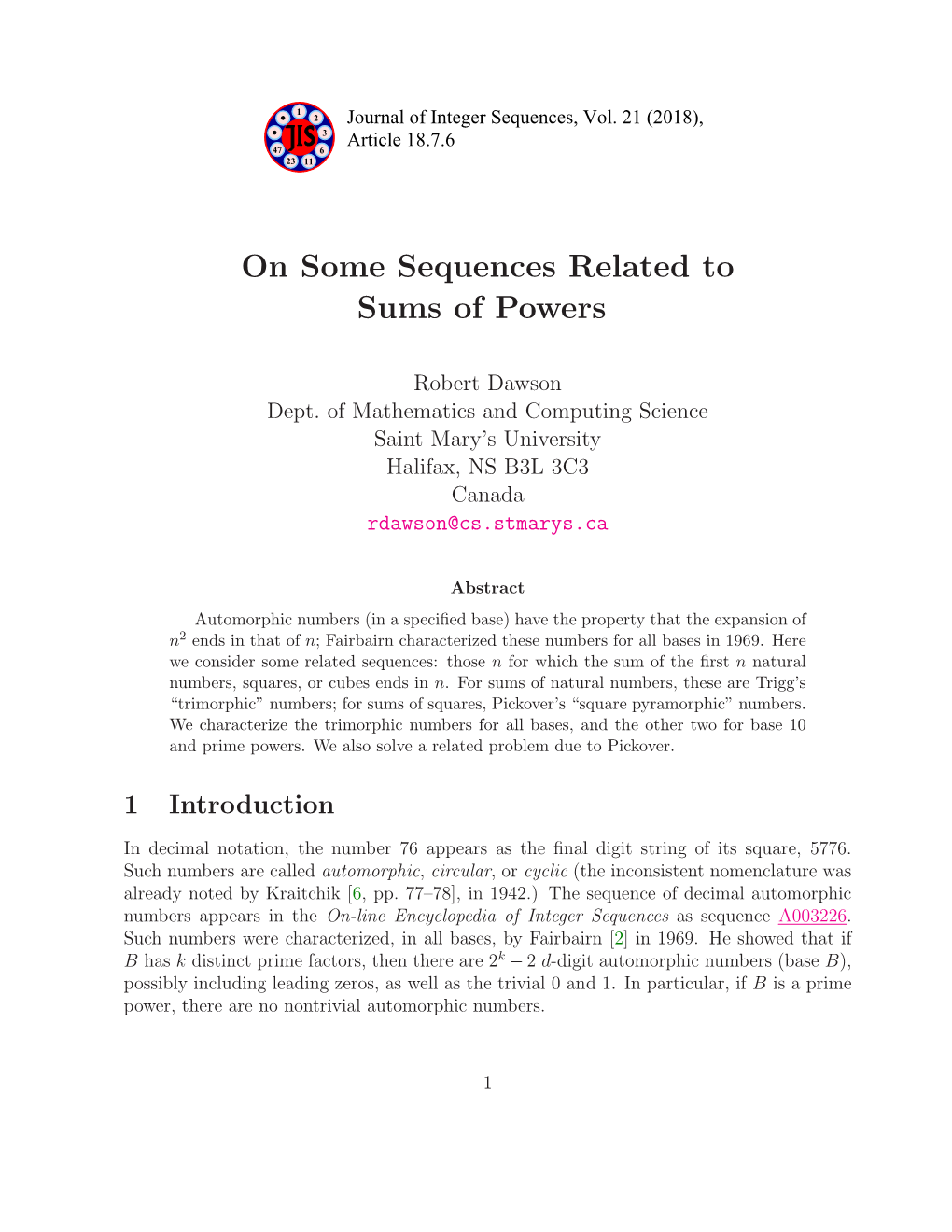 On Some Sequences Related to Sums of Powers