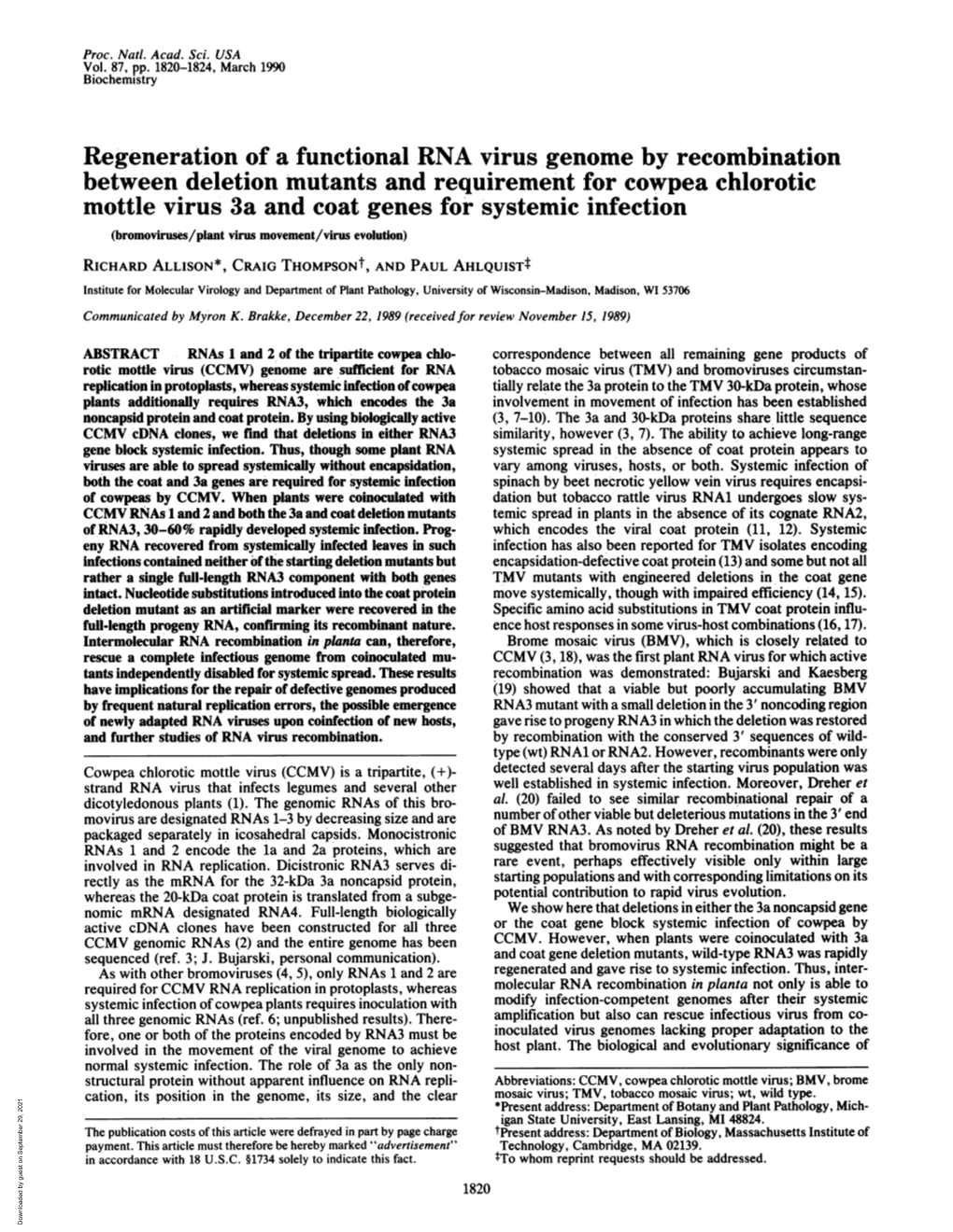 Regeneration of a Functional RNA Virus Genome by Recombination