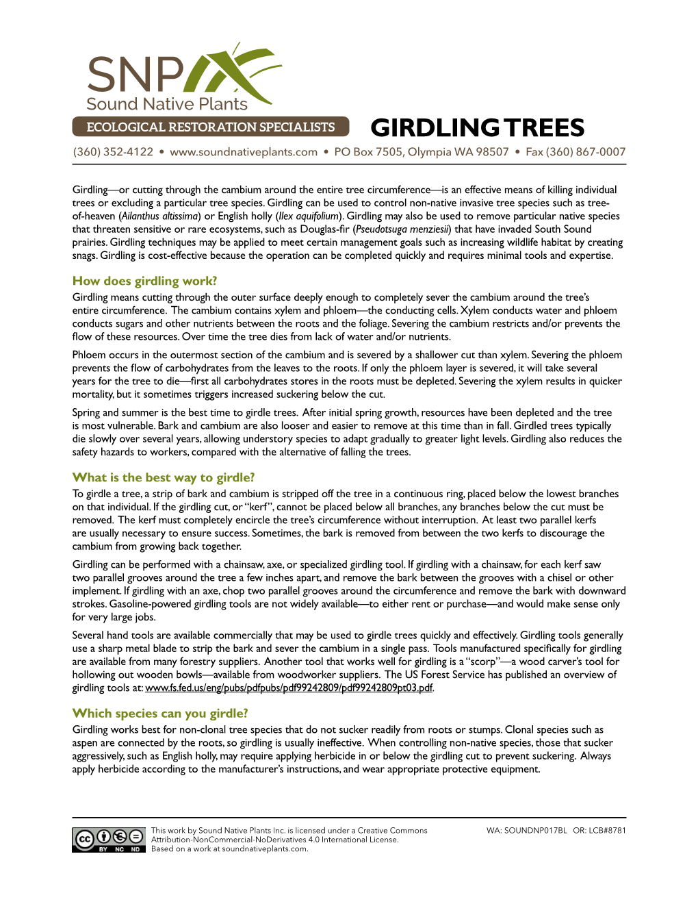 GIRDLING TREES (360) 352-4122 • • PO Box 7505, Olympia WA 98507 • Fax (360) 867-0007