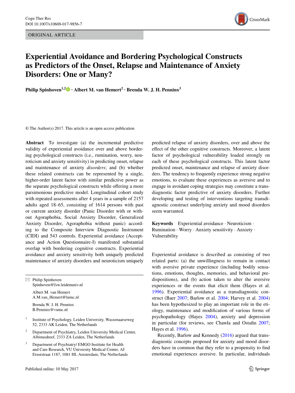 Experiential Avoidance and Bordering Psychological Constructs As Predictors of the Onset, Relapse and Maintenance of Anxiety Disorders: One Or Many?