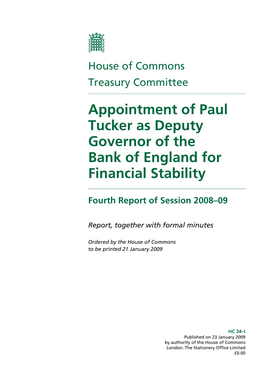 Appointment of Paul Tucker As Deputy Governor of the Bank of England for Financial Stability
