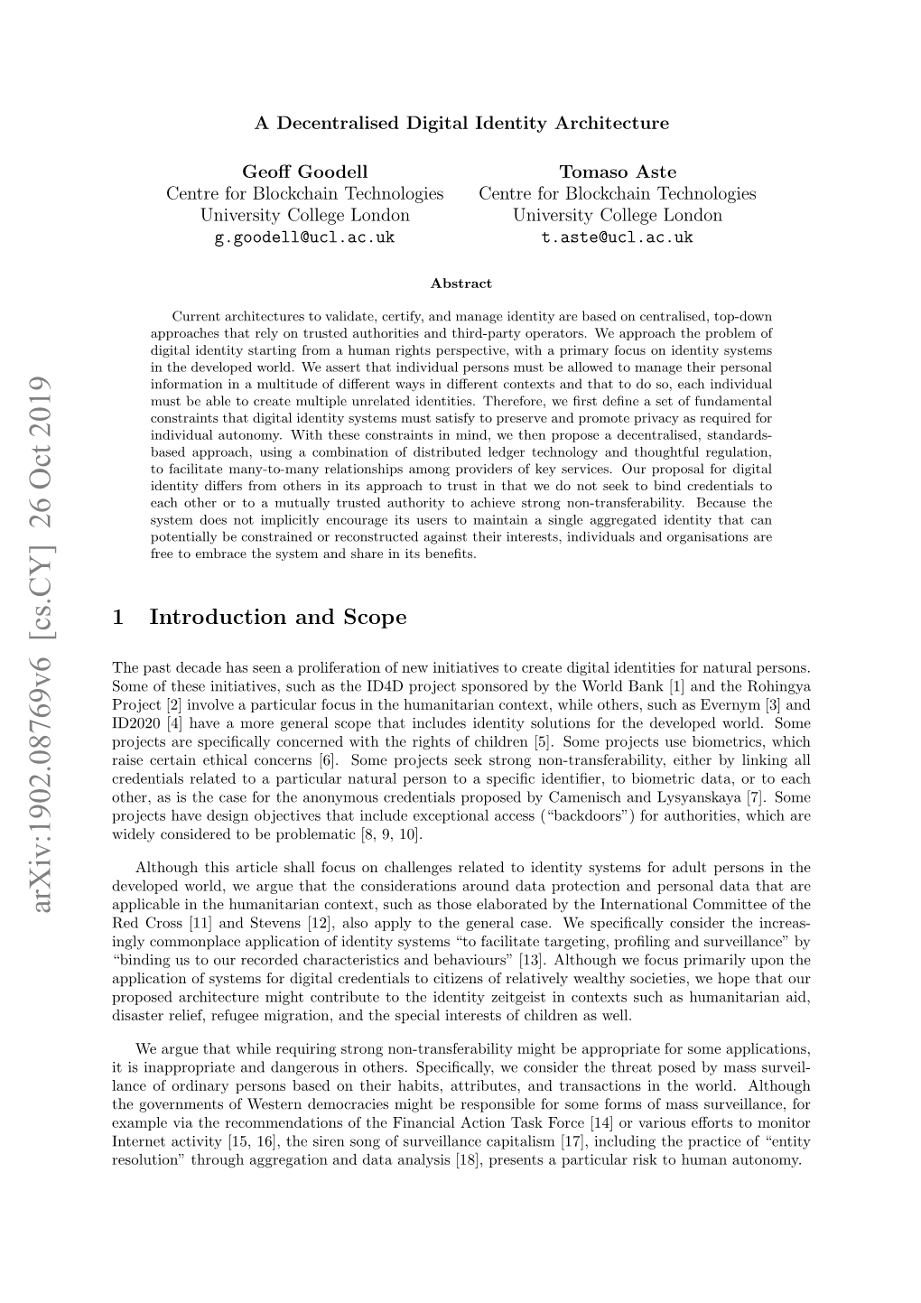 A Decentralised Digital Identity Architecture