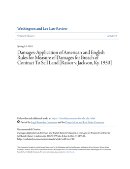 Damages-Application of American and English Rules for Measure of Damages for Breach of Contract to Sell Land [Raisor V