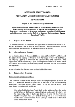 29-10-2018 Application to Record Road Used As a Public Path As a Byway