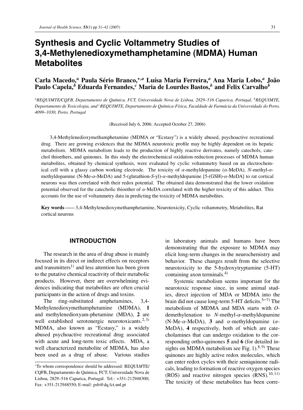 Synthesis and Cyclic Voltammetry Studies of 3,4-Methylenedioxymethamphetamine (MDMA) Human Metabolites