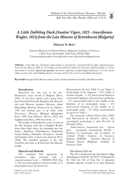 A Little Dabbling Duck (Anatini Vigors, 1825 - Anseriformes Wagler, 1831) from the Late Miocene of Kremikovtsi (Bulgaria)