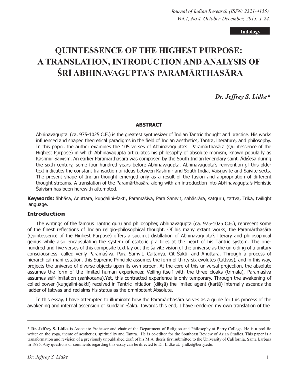 Quintessence of the Highest Purpose: a Translation, Introduction and Analysis of Śrī Abhinavagupta’S Paramārthasāra