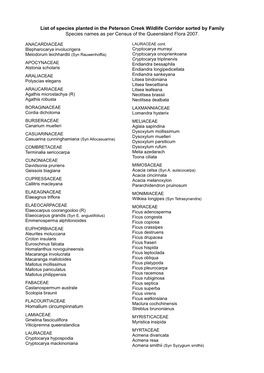 List of Species Planted in the Peterson Creek Wildlife Corridor Sorted by Family Species Names As Per Census of the Queensland Flora 2007