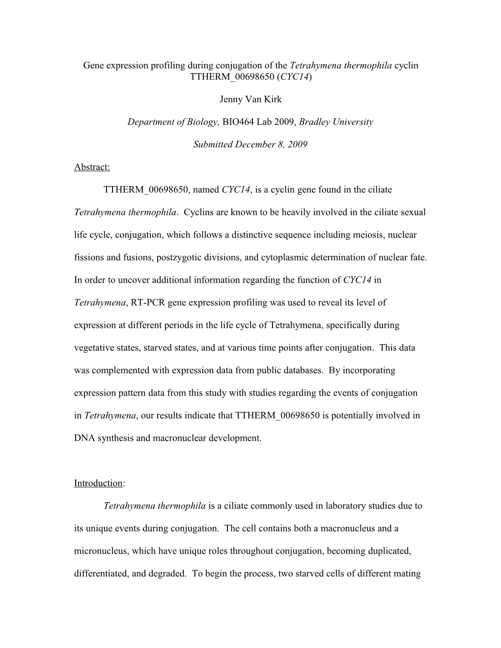 Gene Expression Profiling During Conjugation of the Tetrahymena Thermophila Cyclin TTHERM