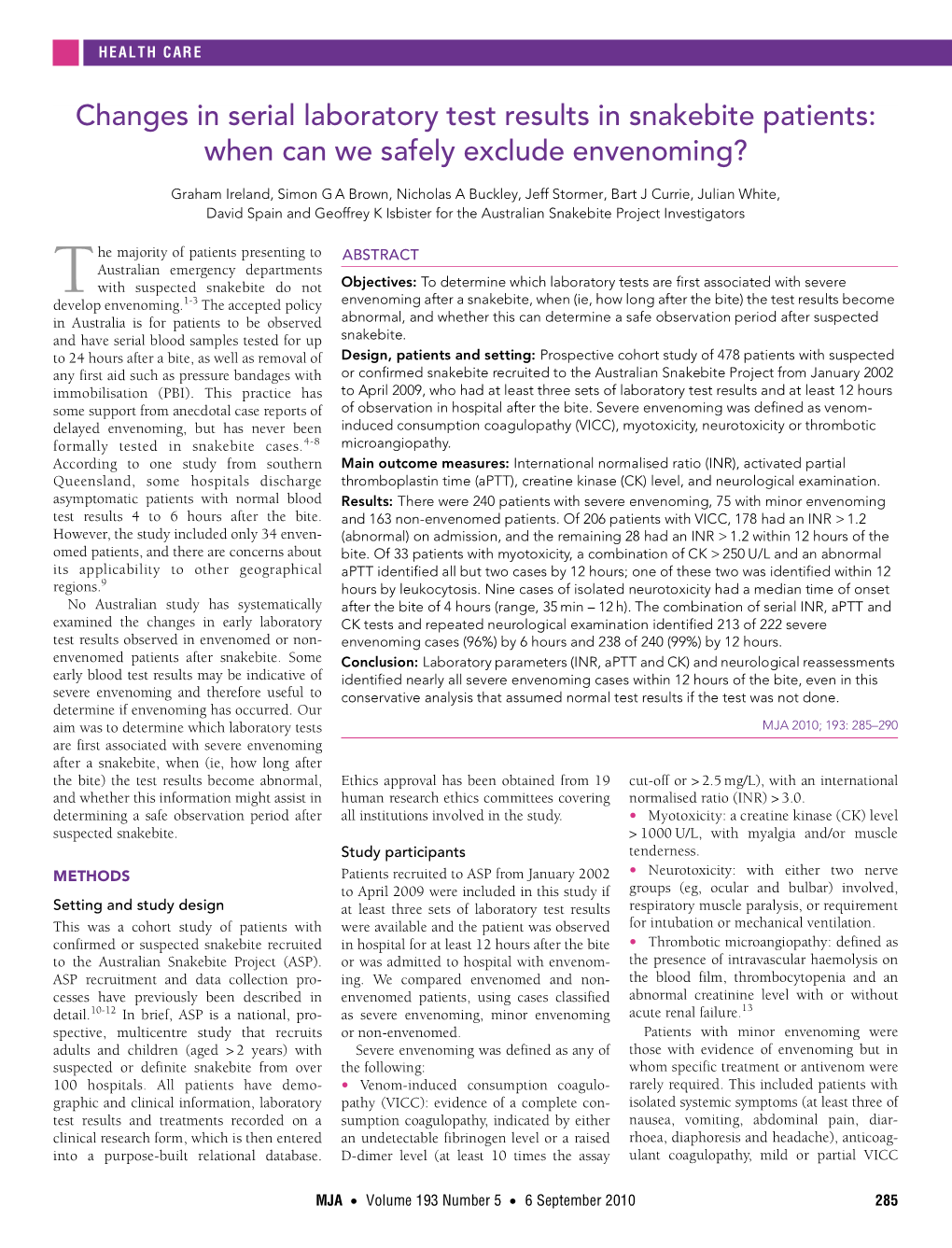 Change in Serial Laboratory Test Results in Snakebite Patients